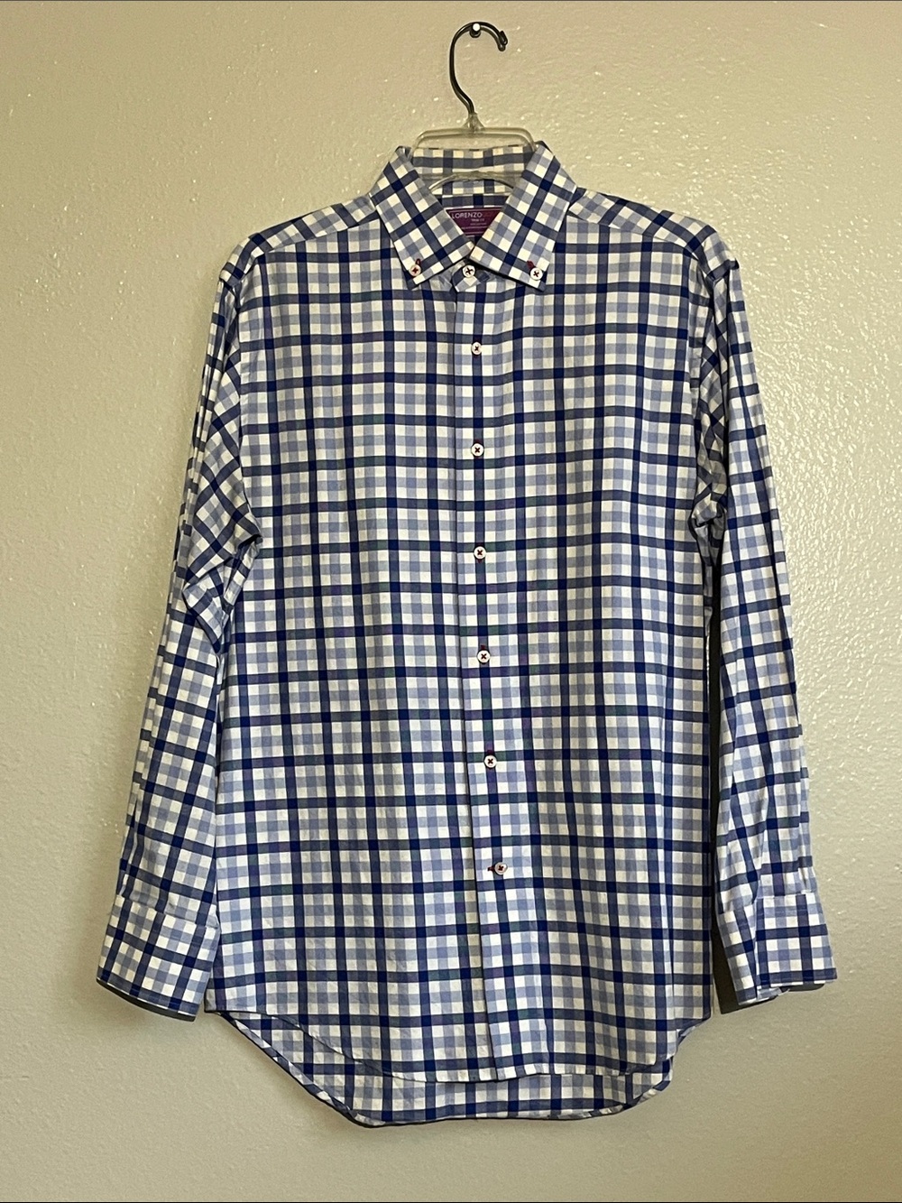 Lorenzo Uomo Blue and White Checked Button-Down Dress Shirt